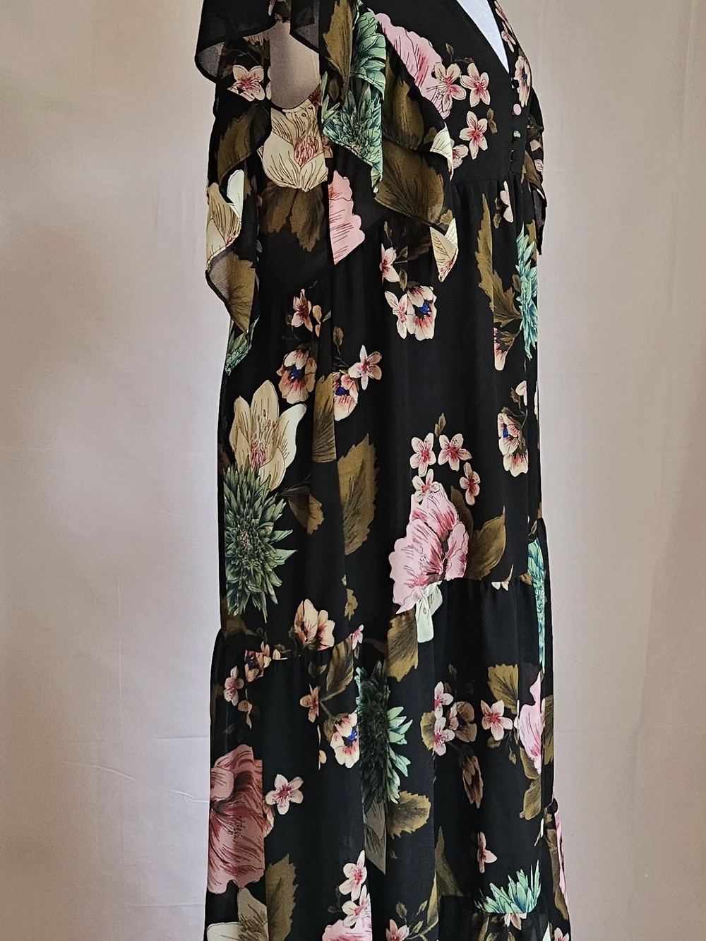 ZARA Black Tropical Floral Ruffle Tiered Maxi Dress Sz XS/S Boho Romantic - Picture 5 of 16
